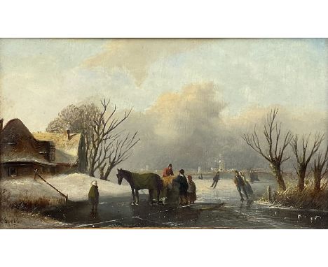 Jacob Jan Coenraad Spohler (Dutch 1837-1894): Skating on the Frozen Lake, oil on mahogany panel signed 11cm x 19cm Provenance