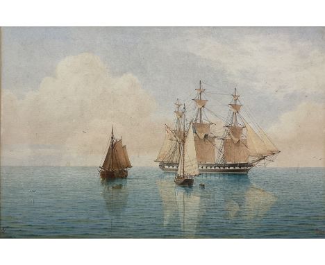 William Frederick Settle (Hull 1821-1897): British Frigate at Anchor with Sailing Barge in the foreground, watercolour signed