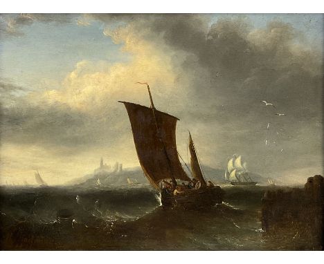 Henry Redmore (British 1820-1887): Sailing Boat and Shipping off Dunstanburgh Castle, oil on panel signed and dated 1870, 20c