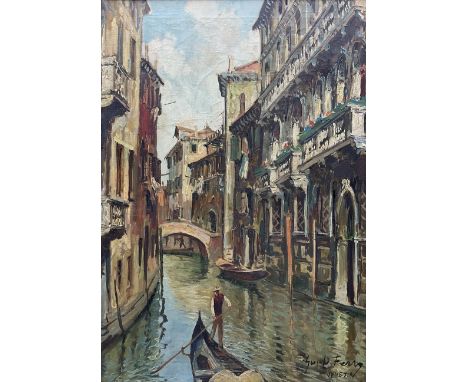 Guite Ferry-Humblot (French 1897-?): 'Venezia' Venice Canal Scene with Gondolier, oil on canvas signed and titled 67cm x 47cm