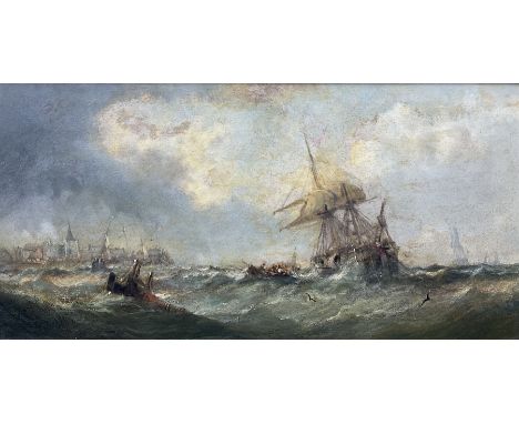 William Calcott Knell (British 1830-1880): Coastal Shipping in Rough Seas, oil on board signed and dated 1863, 18cm x 35cmCon