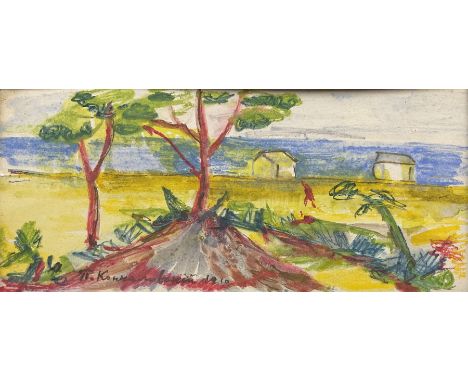 Attrib. Pyotr Konchalovsky (Russian 1876-1956): Trees by the Sea, coloured crayon signed and dated 1910, 12cm x 27cmCondition