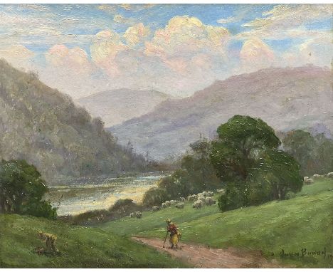 Owen Bowen (Staithes Group 1873-1967): Shepherdess and Sheep in the Wharfe Valley, oil on board signed and indistinctly dated