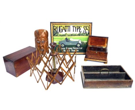 Box of treen to include expanding wool/yarn winder on base, tribal face mask, tea caddy, motoring wall sign and two desk top 