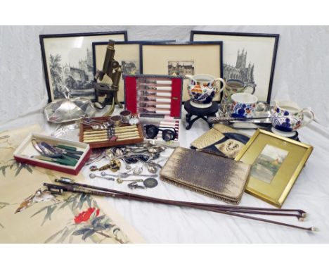Miscellaneous items, to include three violin bows, Oriental painting on silk, microscope, four architectural etchings, a sele