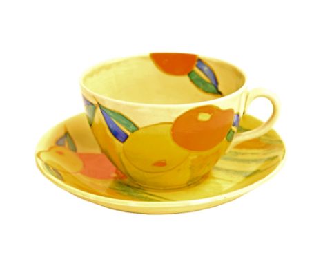 Clarice Cliff 'Delecia Citrus' globe cup and saucer, pattern no. 23356, saucer 6" diameter