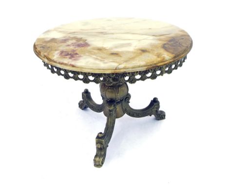 Decorative onyx and brass low circular occasional table, with a pierced frieze upon tripod scroll supports, 25" diameter, 18"