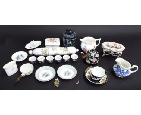 Victorian decoupage glass rolling pin, miniature faience French table (at fault), Chinese teapot and set of six tea bowls wit