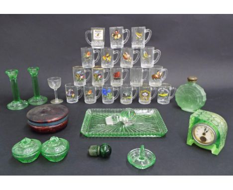 Small collection of novelty and souvenir drinking glasses; together with a small selection of green decorative glassware incl