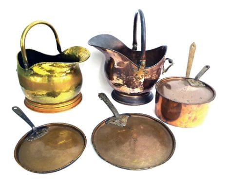 19th century brass coal helmet; together with a copper coal helmet, copper pan and three lids