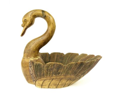 Large decorative wooden carved planter in the form of a swan, 22" high