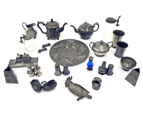 Collection of assorted pewter wares to include a fish repousse charger, 12" diameter, WMF '47' inkstand, two lidded glass ste