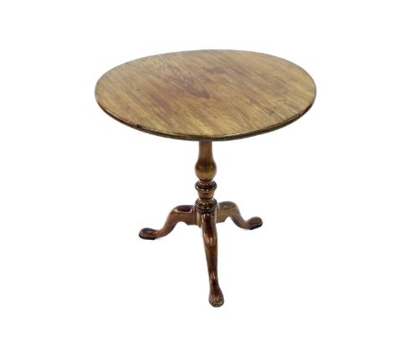 George III mahogany birdcage tilt-top tripod table, upon a baluster column terminating with pad feet, 31" diameter