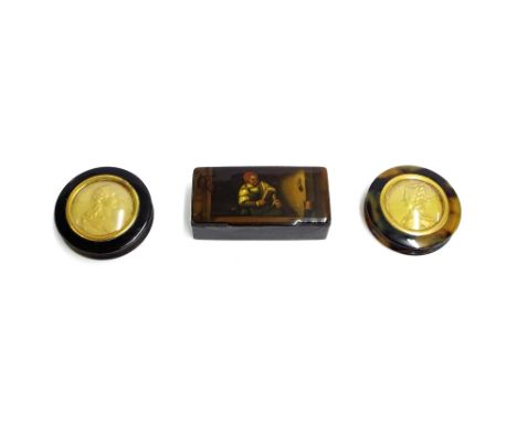 19th century papier mache snuff box, the lid painted with a cobbler, 3.5" wide; together with a pair of faux tortoiseshell ci