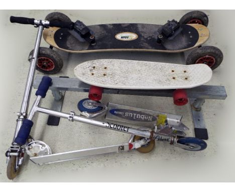 Two folding children's scooters; together with a Globe small skateboard and a mountain board, also a rail (5)