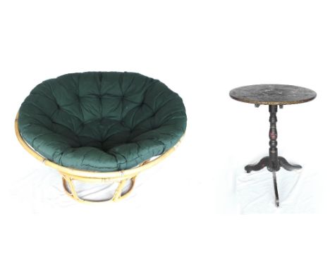 Large bamboo Papasan chair, with green button cushion; together with an old ebonised tripod occasional table (2)