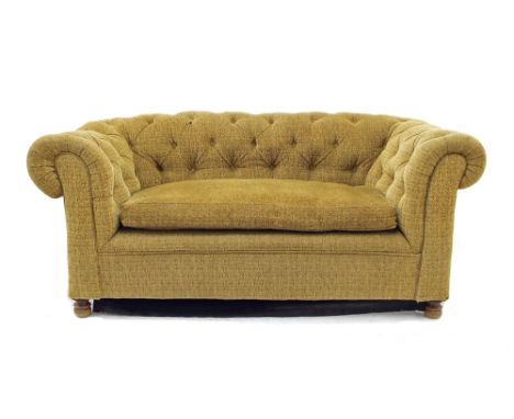 Victorian two seater Chesterfield sofa in gold upholstery, 68" wide, 36" deep, 29" high