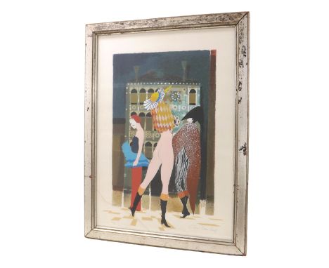 •20th century - Semi-draped female figure with other figures nearby, possibly a ballet school, indistinctly signed, also insc