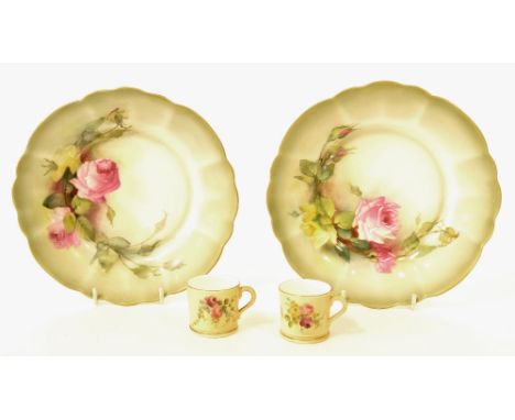 Royal Worcester - two similar miniature porcelain blush ivory tankards, each painted with roses, puce factory mark, 1.5" high