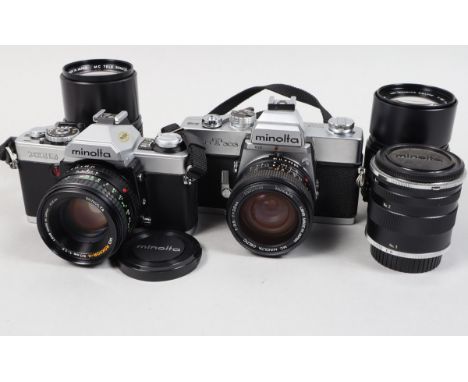 Two Minolta SLR Cameras. a Minolta SRT 303, shutter working, meter responsive, self timer working, body G, with 28mm f/3.5 MC