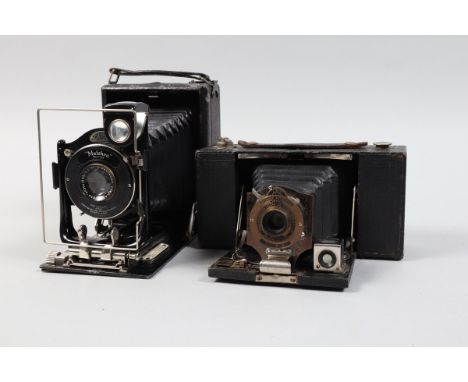 Two Folding Cameras, a Kodak No 2 Pocket Brownie Model B, shutter working, body G, bellows G and an Ensign Cameo folding plat