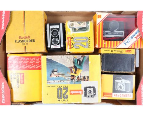 Boxed Kodak Cameras, a Brownie Twin 20 camera outfit, a Colorsnap 35, Instamatic 56-X camera outfit, instamatic 77-X, Brownie