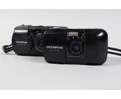 Two Olympus mju Compact Cameras, an Olympus mju 1, powers up, shutter working, flash working, body G, scratches and a mju Zoo