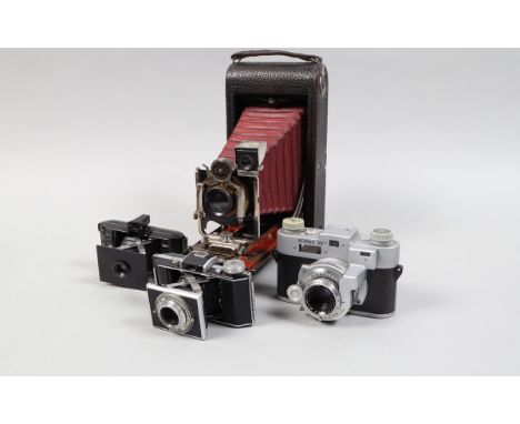 Four Kodak Cameras, a Kodak Bantam f/4.5 folding camera, shutter working, body G, elements G, a Bantam f6.3, shutter working,