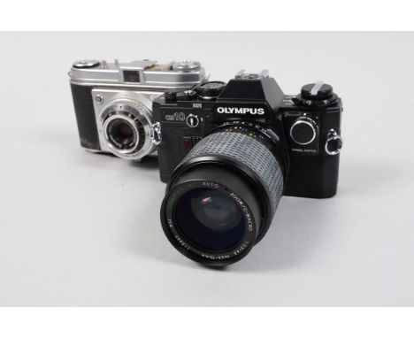 An Olympus OM-10 SLR Camera, black, shutter working, meter responsive, body G-VG, with manual adaptor, Topman MC 35-70mm f/3.