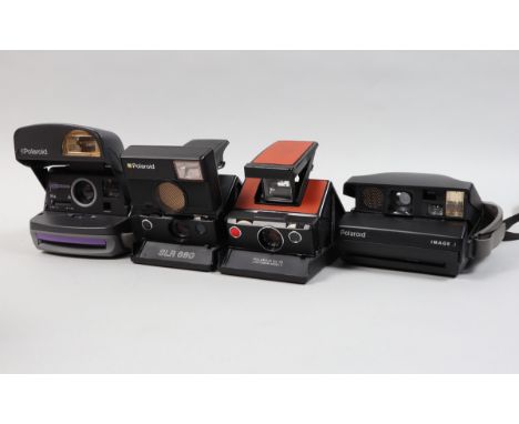 Polaroid Cameras, a SLR 680, some scuffs, marks to leatherette, a SX-70 Model 3, body catch not catching, body G, a Polaroid 