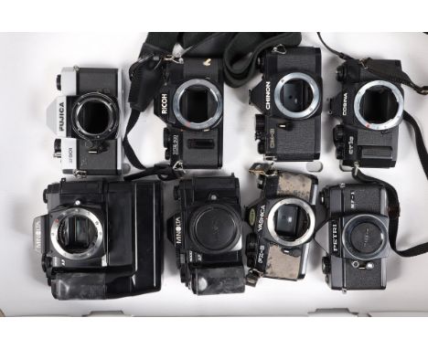 A Tray of SLR Camera Bodies, two Minolta 9000, one with motor drive, untested, bodies F-G, a Fujica ST801, AF, a Ricoh XR 500