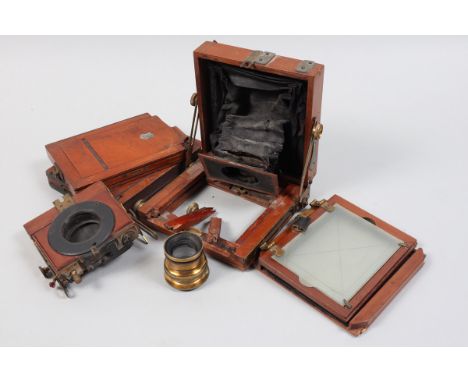 Mahogany and Brass Quarter Plate Camera Parts, camera body P, front standard detached, damage to front section, bellows P, fo