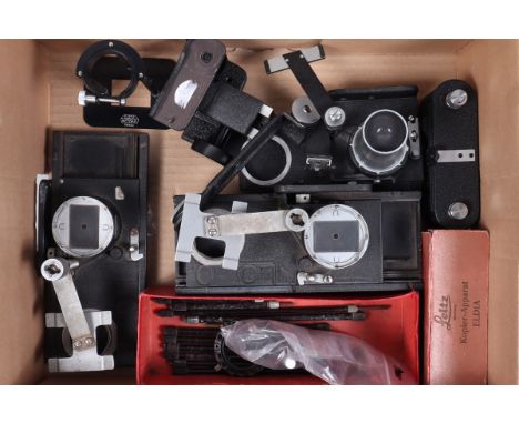Leitz Accessories, three focusing stages, a YROOF rack and pinion copying attachment with bracket, a CTOOM bracket, two kopie