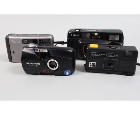 Compact Cameras, an Olympus mji II, powers up, shutter fires, flash working, body G, some scratches to front, a Rollei Prego 