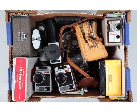 A Tray of Cine Cameras, including Kodak 8 movie cameras (2), a Kodak Instamatic M22, in maker's box, a Quartz M, a Ranl 8mm m