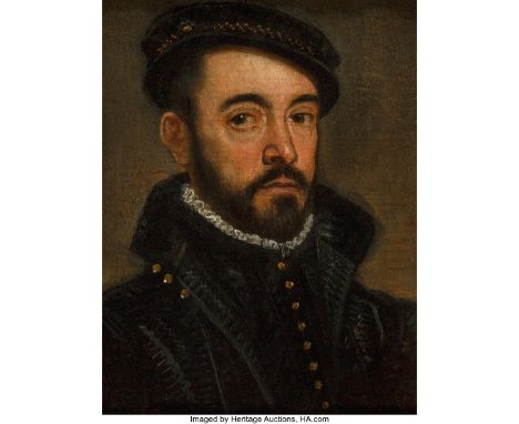 Manner of Giovanni Battista Moroni (Italian, 1520-1578)Portrait of a gentleman in a black cap and doubletOil on panel10-3/4 x
