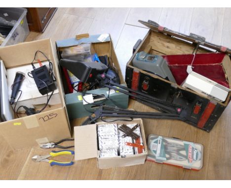 Four boxes of tools, screws, pliers, lamp, soldering system, mallet, etc