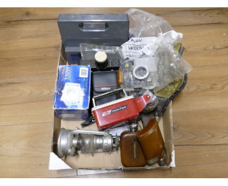 Cannon waterproof underwater camera, hip flasks, storm lantern, The Hunter Ray-O-Vac torch and other camera equipment    