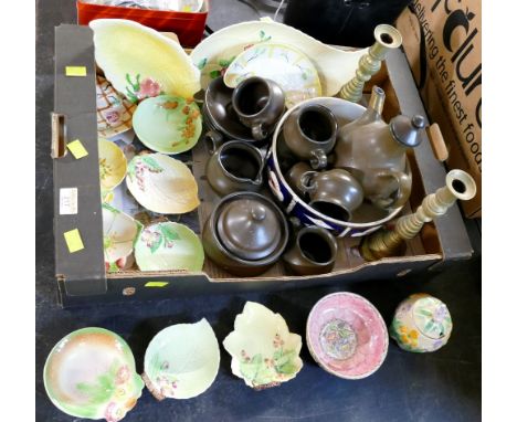 Box of brass candlesticks, pottery coffee set, Carltonware, dishes etc 