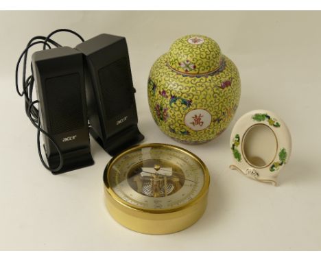 Pair of Acer speakers, oriental lidded jar, picture frame and brass Barigo barometer 