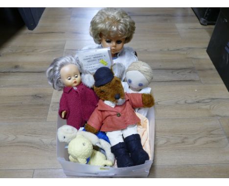 Box of vintage soft toys and dolls including an automatic singing, speaking and walking doll