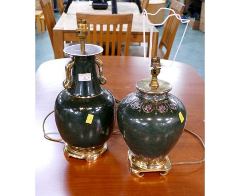 Two green bulbous lamp bases +/- 40 - 50 cm high