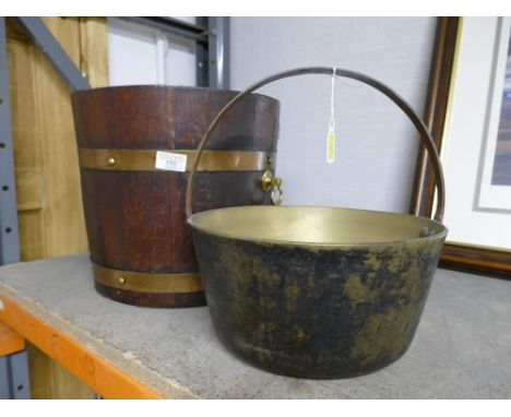 R. Lister &amp; Co Ltd Dursley England brass bound bucket, jam pan and trivet.