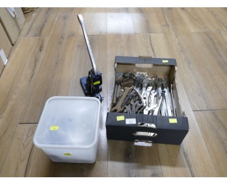 Metal button press with box of buttons and box of hand tools including spanners, wrench etc 