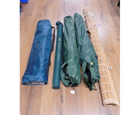 Bamboo blind, 2 folding camping chairs, Shakespeare Trion XT rod etc  