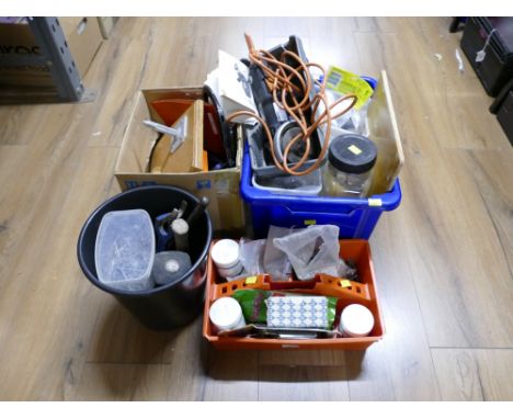 Four boxes of tools, nails, Black &amp; Decker angle grinder, hammer, plumbing accessories etc  