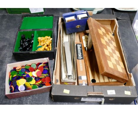 Box of folding chessboard, chess pieces, plastic games counters, music stand, recorder etc