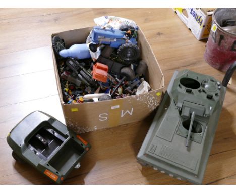 Box of vintage toys, diecast vehicles, plastic army figures, plastic tank etc