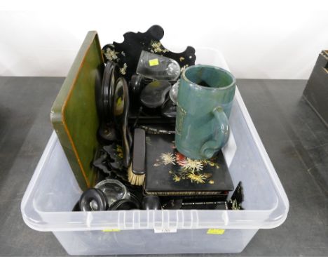Box of ebonised dressing brushes, trinket boxes, etc 