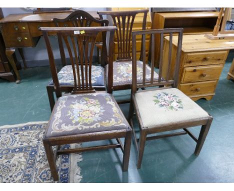 Four mismatched Victorian chairs with tapestry embroidered floral drop in seats 